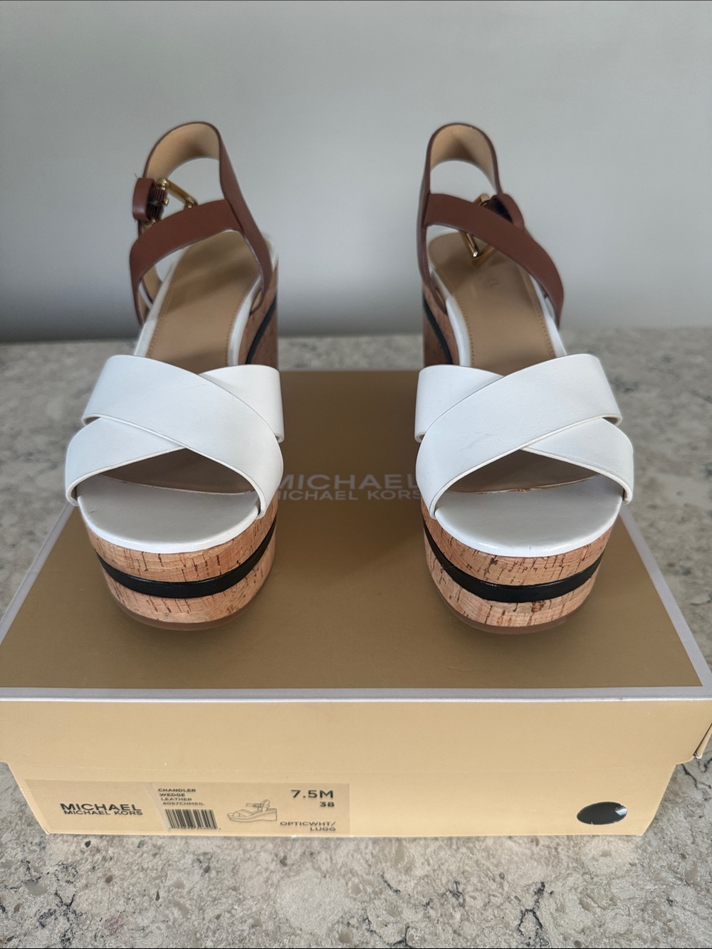 Michael Kors White and Brown Cork Platform Sandals with Black Accent 7.5